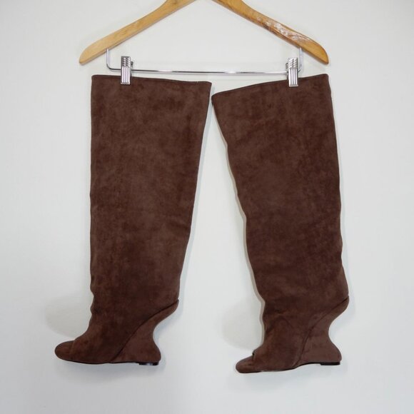 AZALEA WANG Vincent Knee High Open Toe Boots 6.5 Wedge Heel Brown Suede NEW - Picture 6 of 14